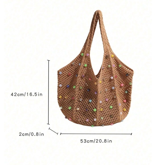 Boho Tan Crochet Multicolor Faux Pearl Shoulder Tote Bag - Picture 2 of 5